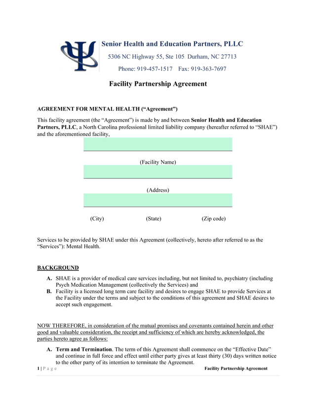 Facility Partnership Agreement screenshot