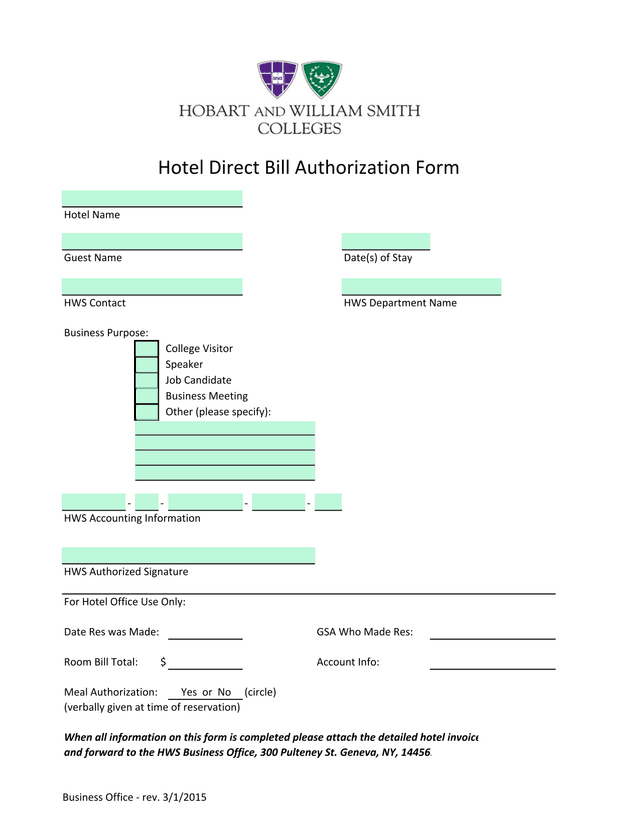 Hotel Direct Bill Authorization Form screenshot