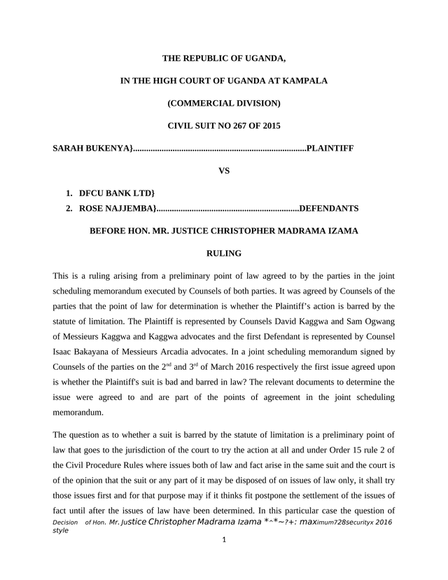 Civil Suit No 267 Of 2015 Sarah Bukenya Vs DFCU Bank Ltd And Rose Najjemba screenshot