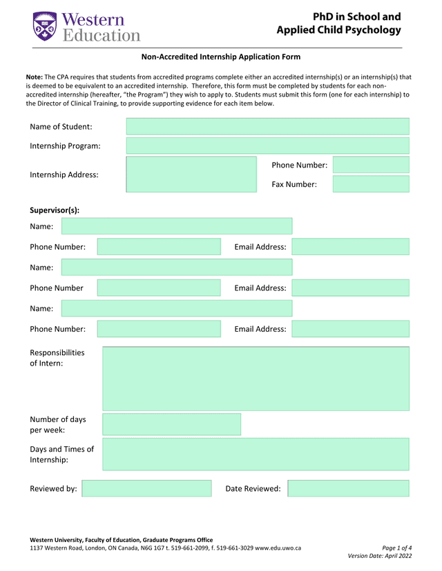 Non Accredited Internship Application Form screenshot