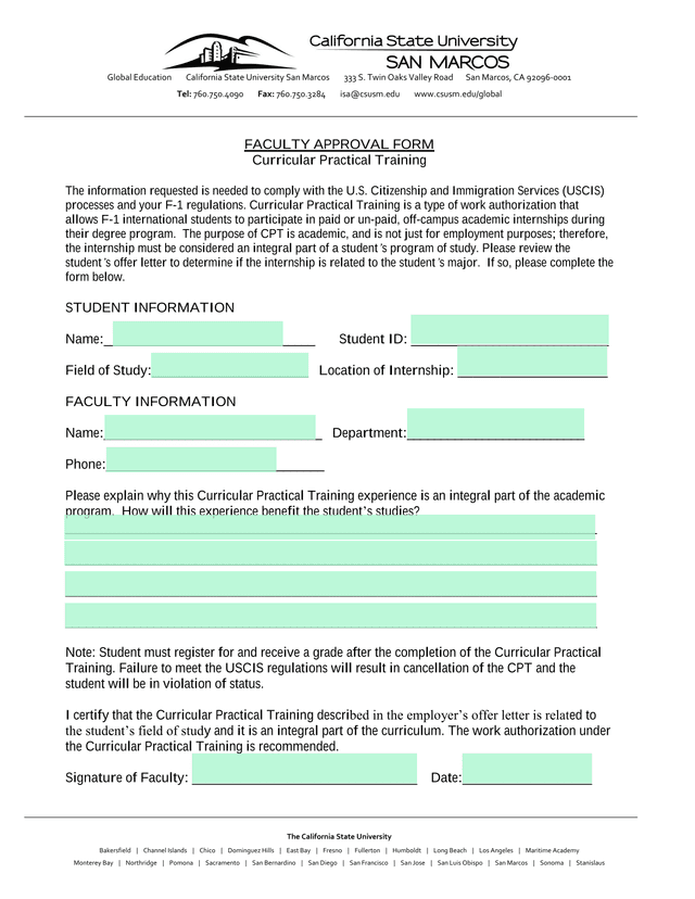 FACULTY APPROVAL FORM   Curricular Practical Training screenshot