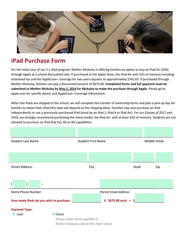 IPad Purchase Form screenshot