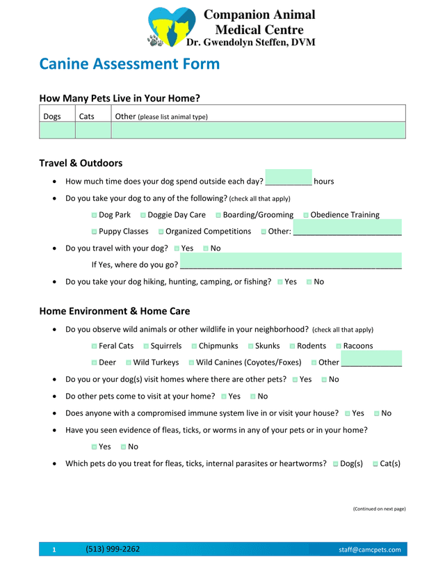 Canine Assessment Form screenshot