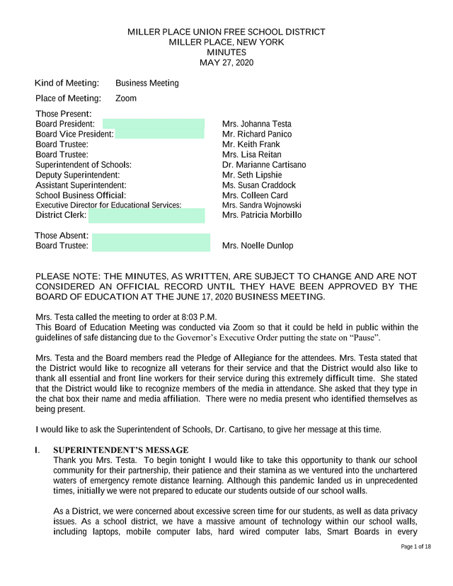 Miller Place Union Free School District Board Meeting Minutes screenshot