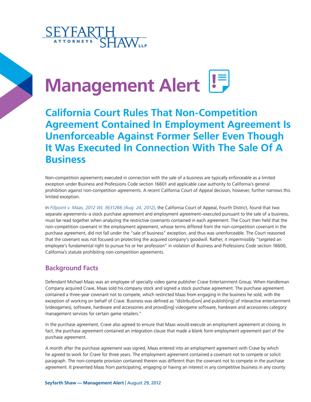 Management Alert California Court Rules On Non Competition Agreement screenshot