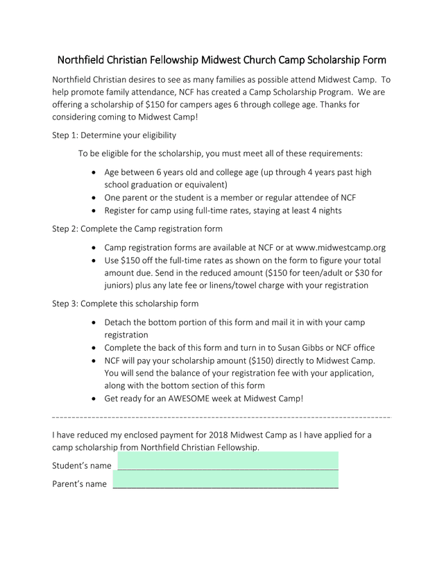 Northfield Christian Fellowship Midwest Church Camp Scholarship Form screenshot
