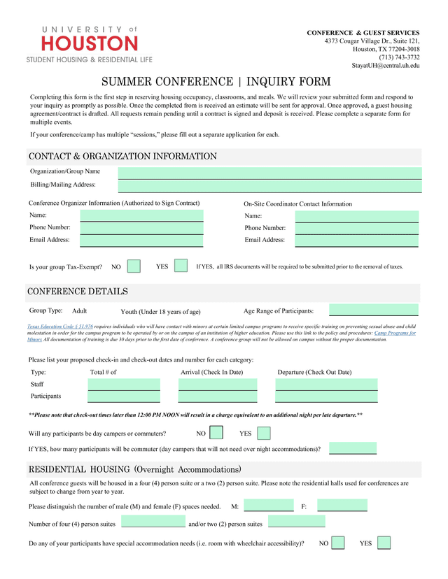 Summer Conference Inquiry Form screenshot