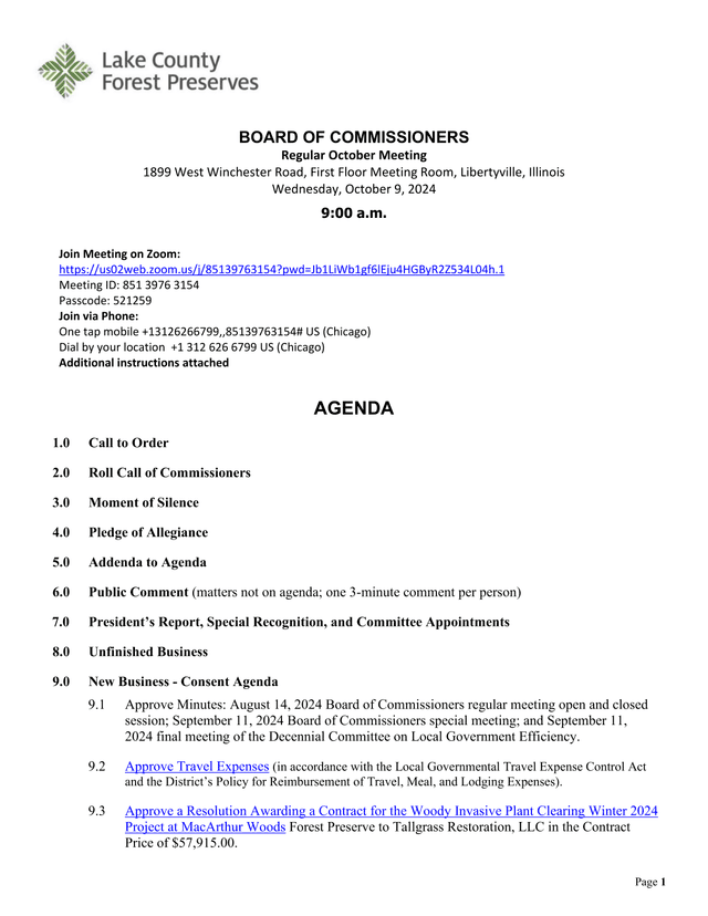 Board Of Commissioners Regular October Meeting Agenda screenshot
