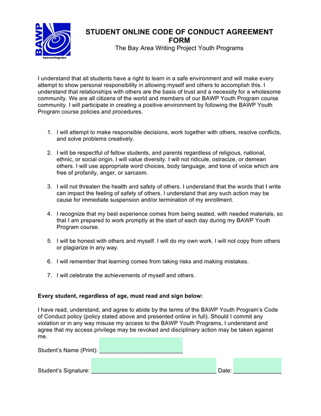 Student Online Code Of Conduct Agreement Form screenshot
