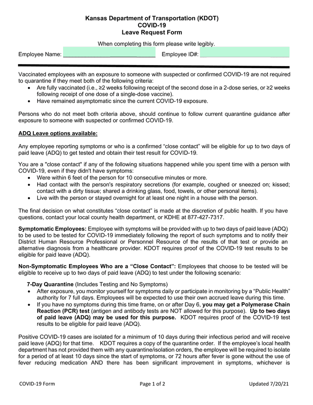 COVID 19 Leave Request Form screenshot