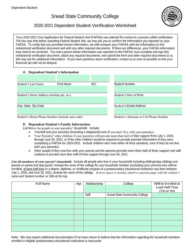 2020 2021 Dependent Student Verification Worksheet screenshot