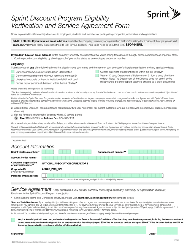 Sprint Discount Program Eligibility Verification And Service Agreement Form screenshot