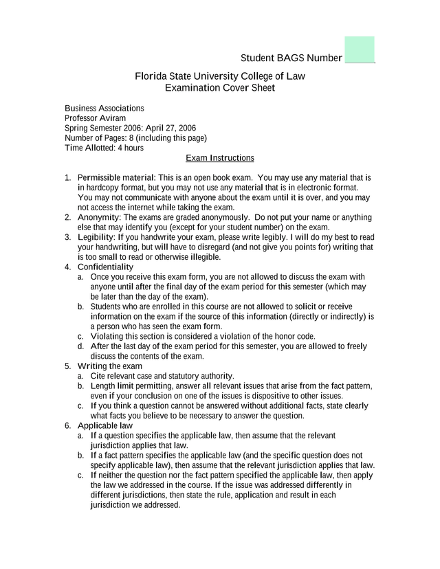 Business Associations Exam Cover Sheet screenshot