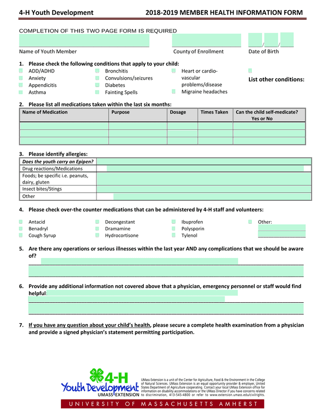 4 H Youth Development 2018 2019 Member Health Information Form screenshot