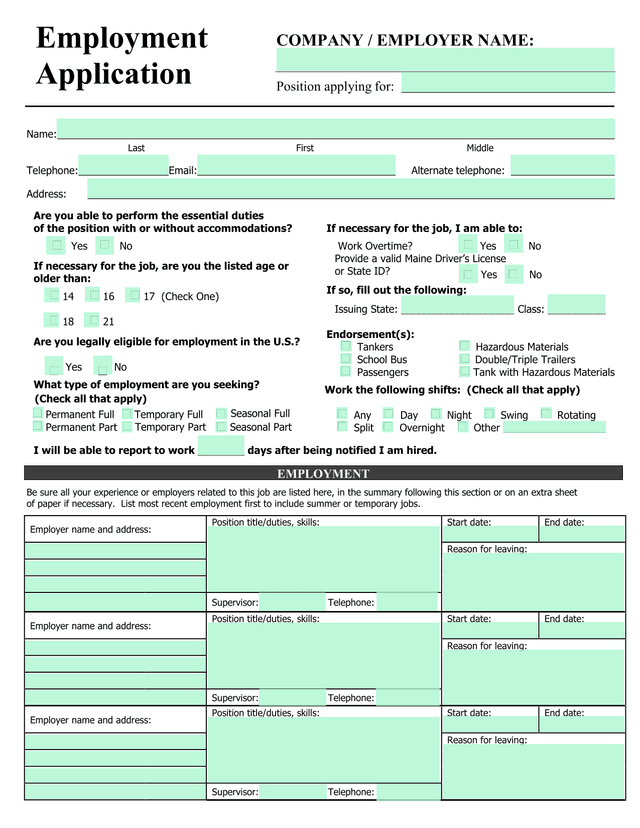 Employment Application screenshot