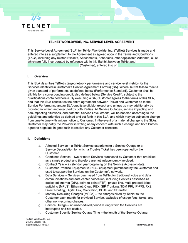 TELNET WORLDWIDE, INC. SERVICE LEVEL AGREEMENT screenshot