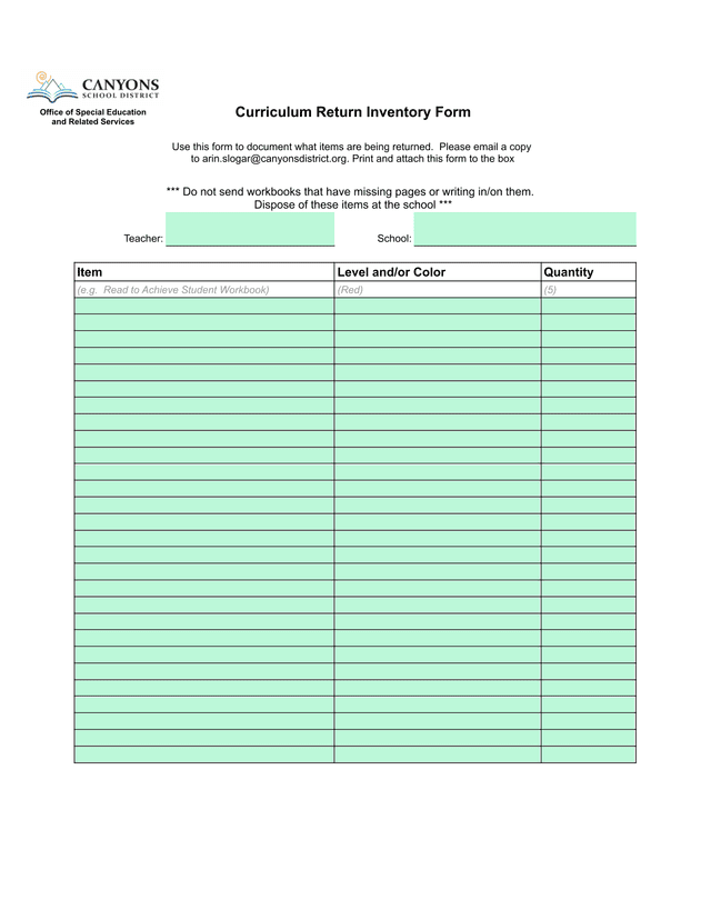 Curriculum Return Inventory Form screenshot