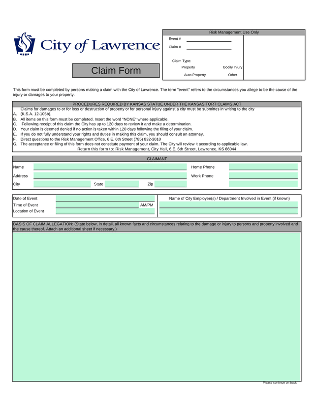 City Of Lawrence Claim Form screenshot