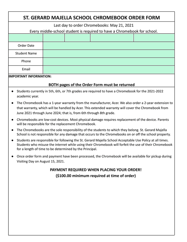 ST. GERARD MAJELLA SCHOOL CHROMEBOOK ORDER FORM screenshot