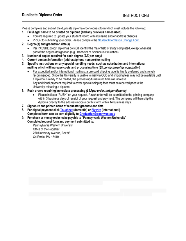 Duplicate Diploma Order REQUEST FORM screenshot