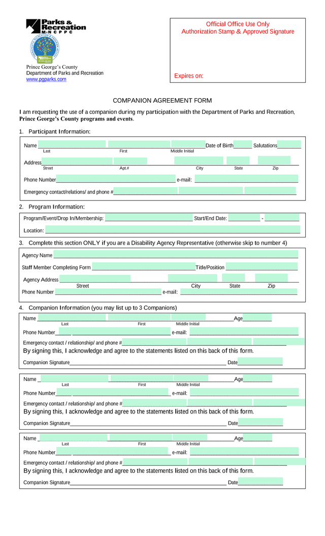 Companion Agreement Form screenshot