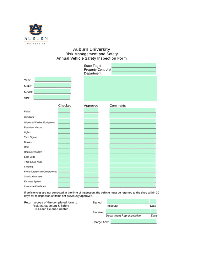 Annual Vehicle Safety Inspection Form screenshot