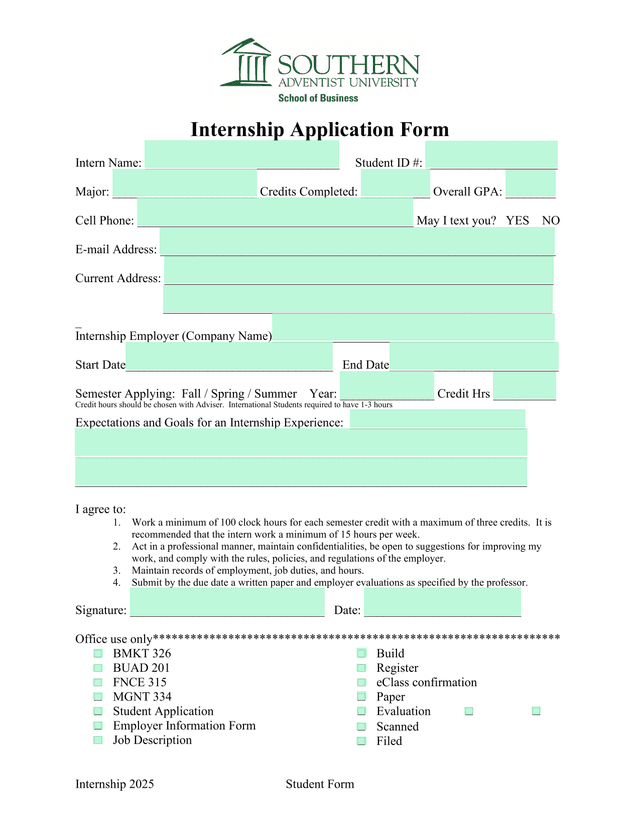 Internship 2025 Student Form screenshot