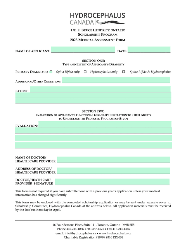 DR. E. BRUCE HENDRICK ONTARIO SCHOLARSHIP PROGRAM 2023 MEDICAL ASSESSMENT FORM screenshot
