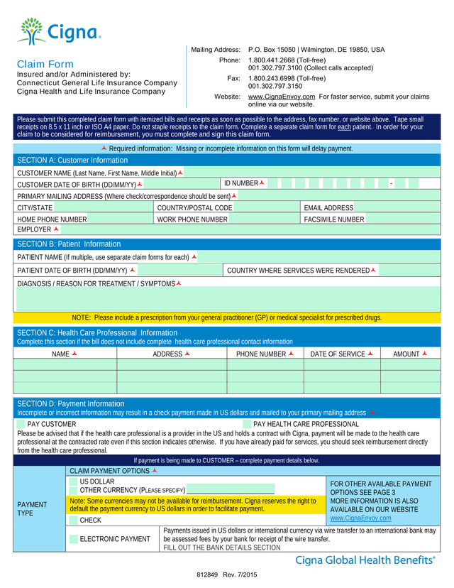Cigna Claim Form (Rev. 72015) screenshot