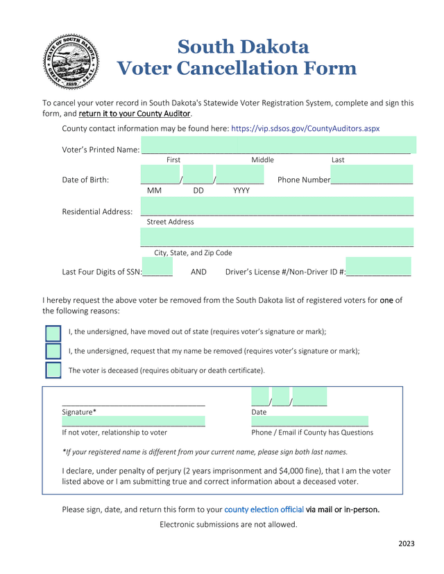 Voter Cancellation Form screenshot