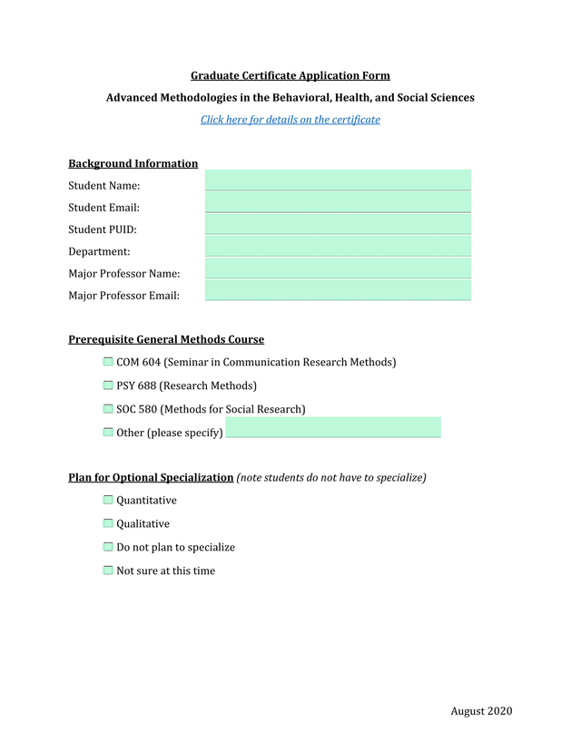 Graduate Certificate Application Form   Advanced Methodologies In The Behavioral, Health, And Social screenshot