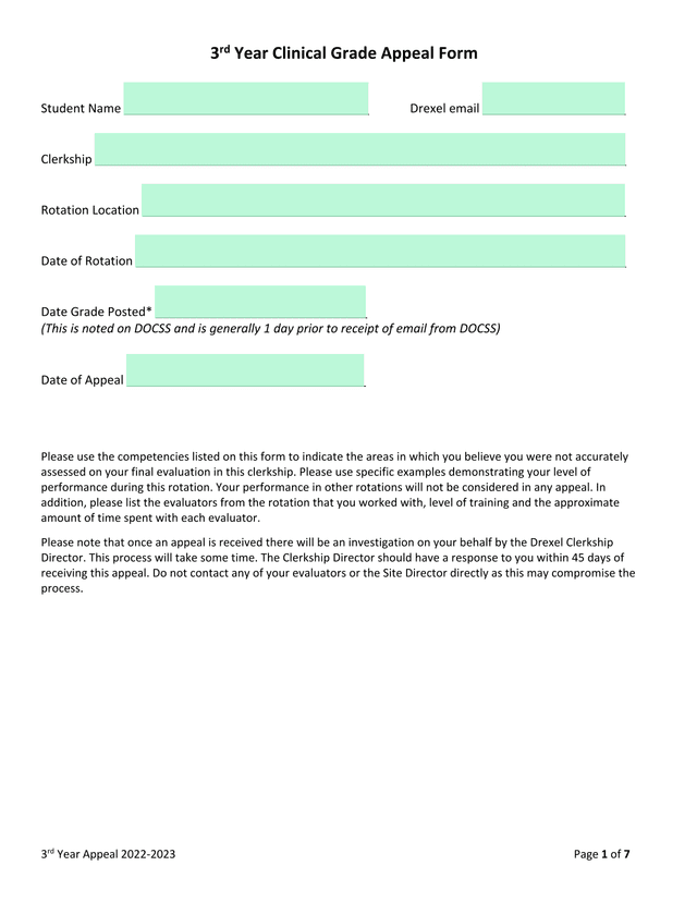 3rd Year Clinical Grade Appeal Form screenshot