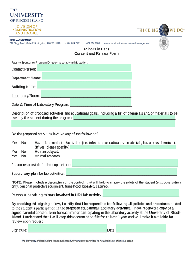 Minors In Labs Consent And Release Form screenshot