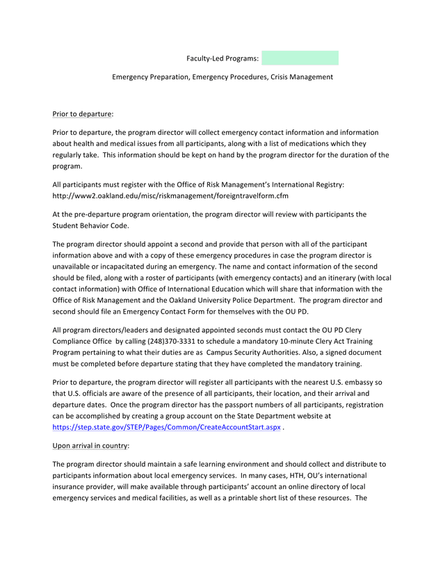 Faculty Led Programs Emergency Preparation, Emergency Procedures, Crisis Management screenshot