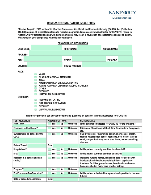 COVID 19 TESTING   PATIENT INTAKE FORM screenshot