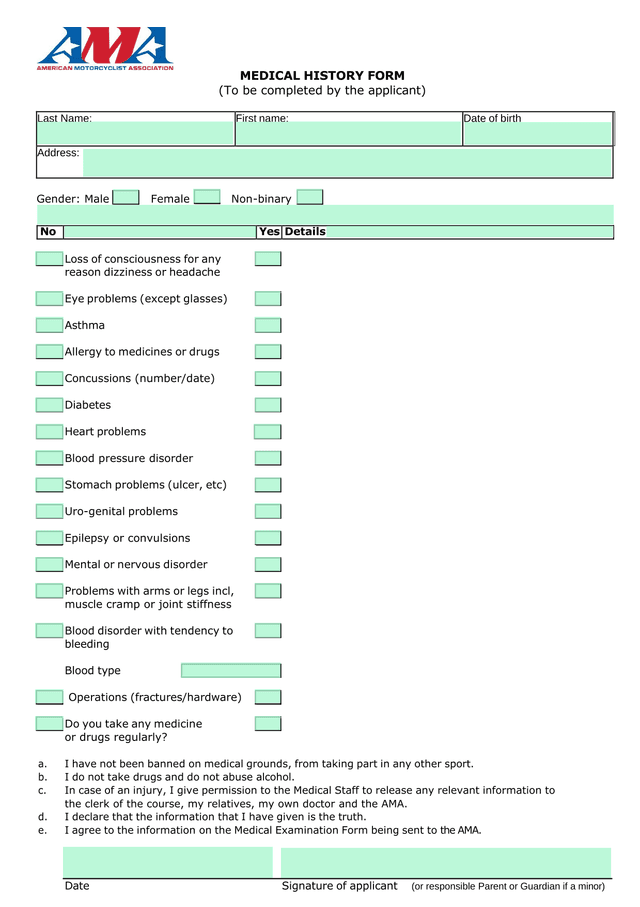 MEDICAL HISTORY FORM screenshot
