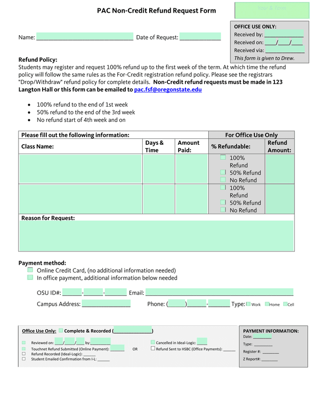 PAC Non Credit Refund Request Form screenshot