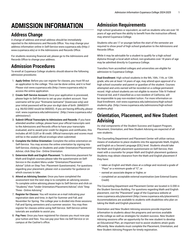 Admission Information Cuyamaca College 2024 2025 screenshot