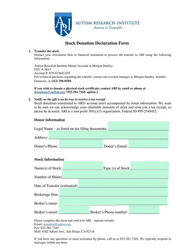 Stock Donation Declaration Form screenshot