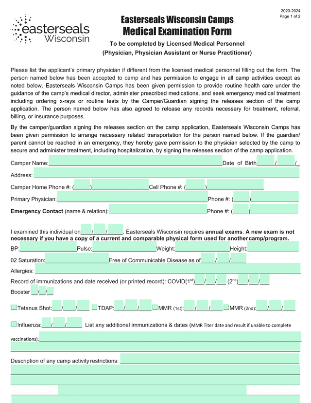 Easterseals Wisconsin Camps Medical Examination Form screenshot