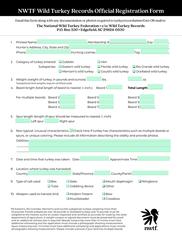 Turkey Harvest Record Form screenshot