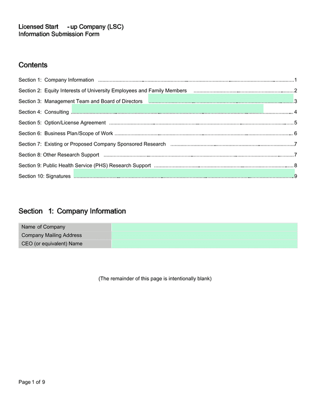 Licensed Start Up Company (LSC) Information Submission Form screenshot