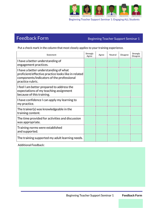 Beginning Teacher Support Seminar 1 Engaging ALL Students Feedback Form screenshot