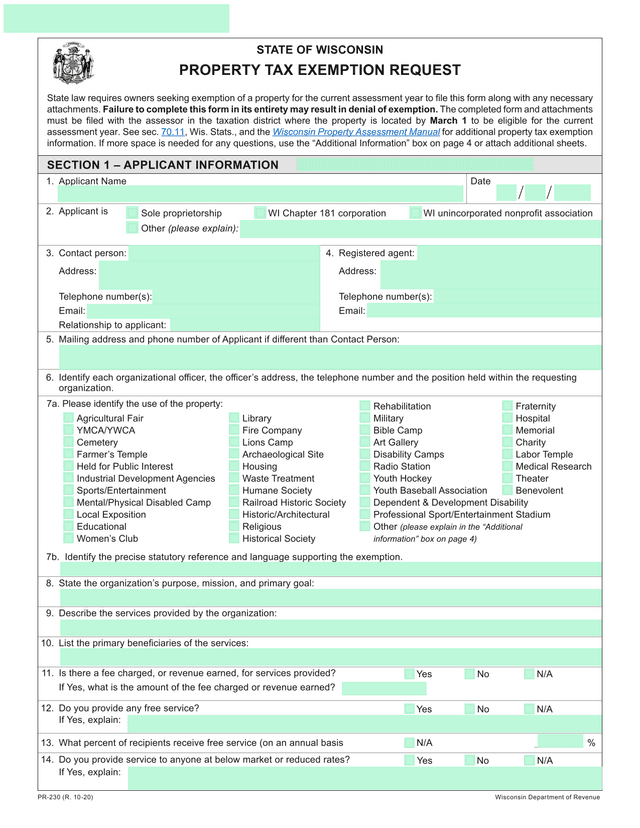 PR 230 Property Tax Exemption Request screenshot