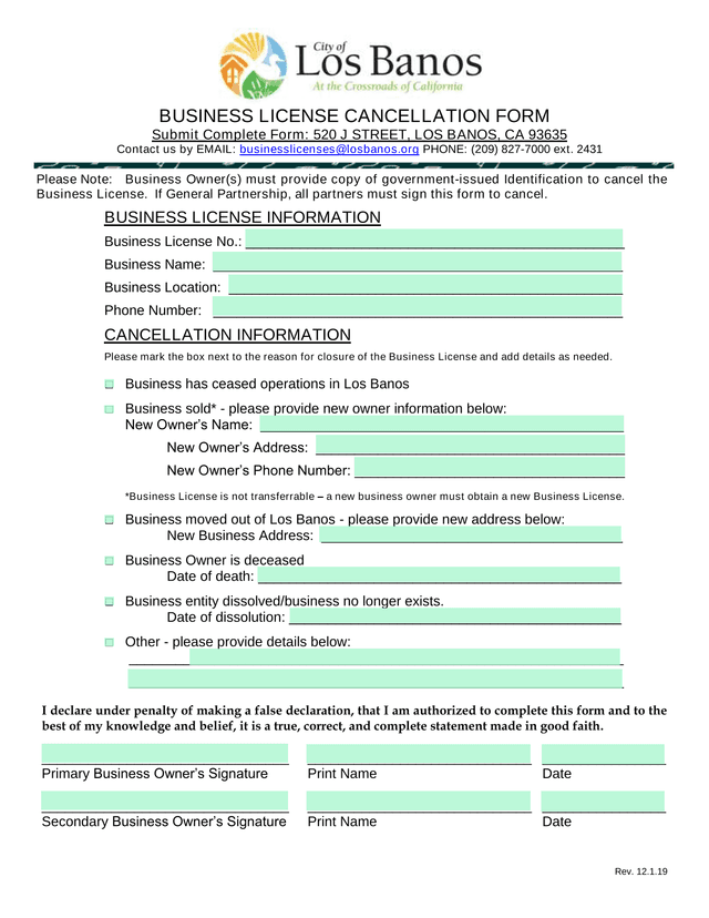BUSINESS LICENSE CANCELLATION FORM screenshot