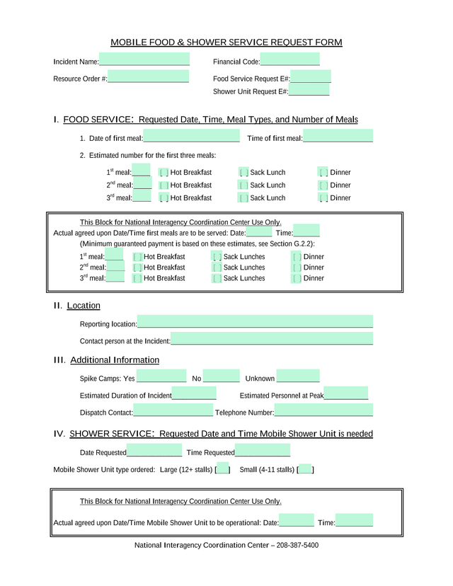 MOBILE FOOD  SHOWER SERVICE REQUEST FORM screenshot