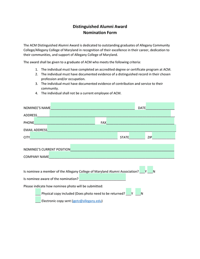 Distinguished Alumni Award Nomination Form screenshot