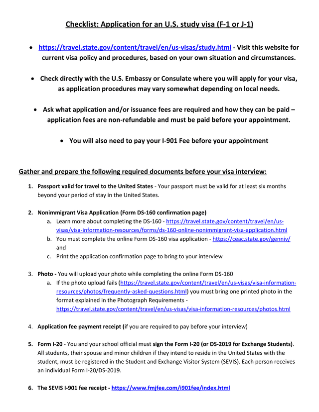 Checklist Application For An U.S. Study Visa (F 1 Or J 1) screenshot