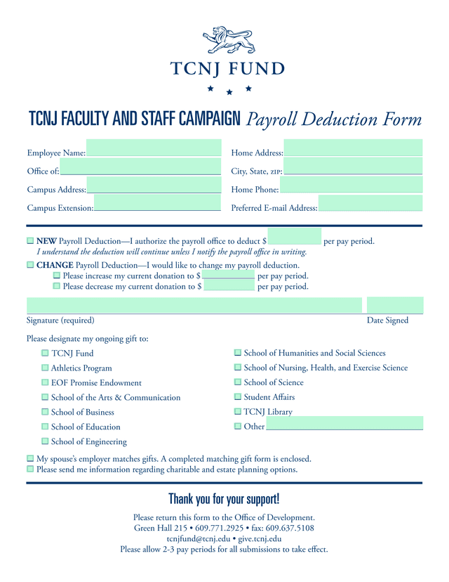 TCNJ Faculty And Staff Campaign Payroll Deduction Form screenshot