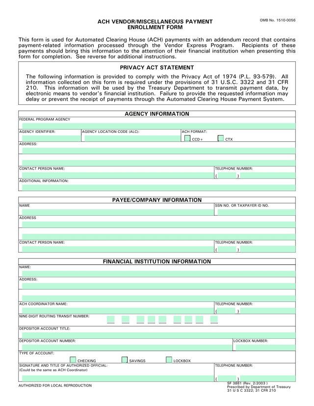 ACH VENDORMISCELLANEOUS PAYMENT ENROLLMENT FORM screenshot